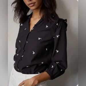 LC Lauren Conrad Black Floral Embroidered Ruffle Blouse